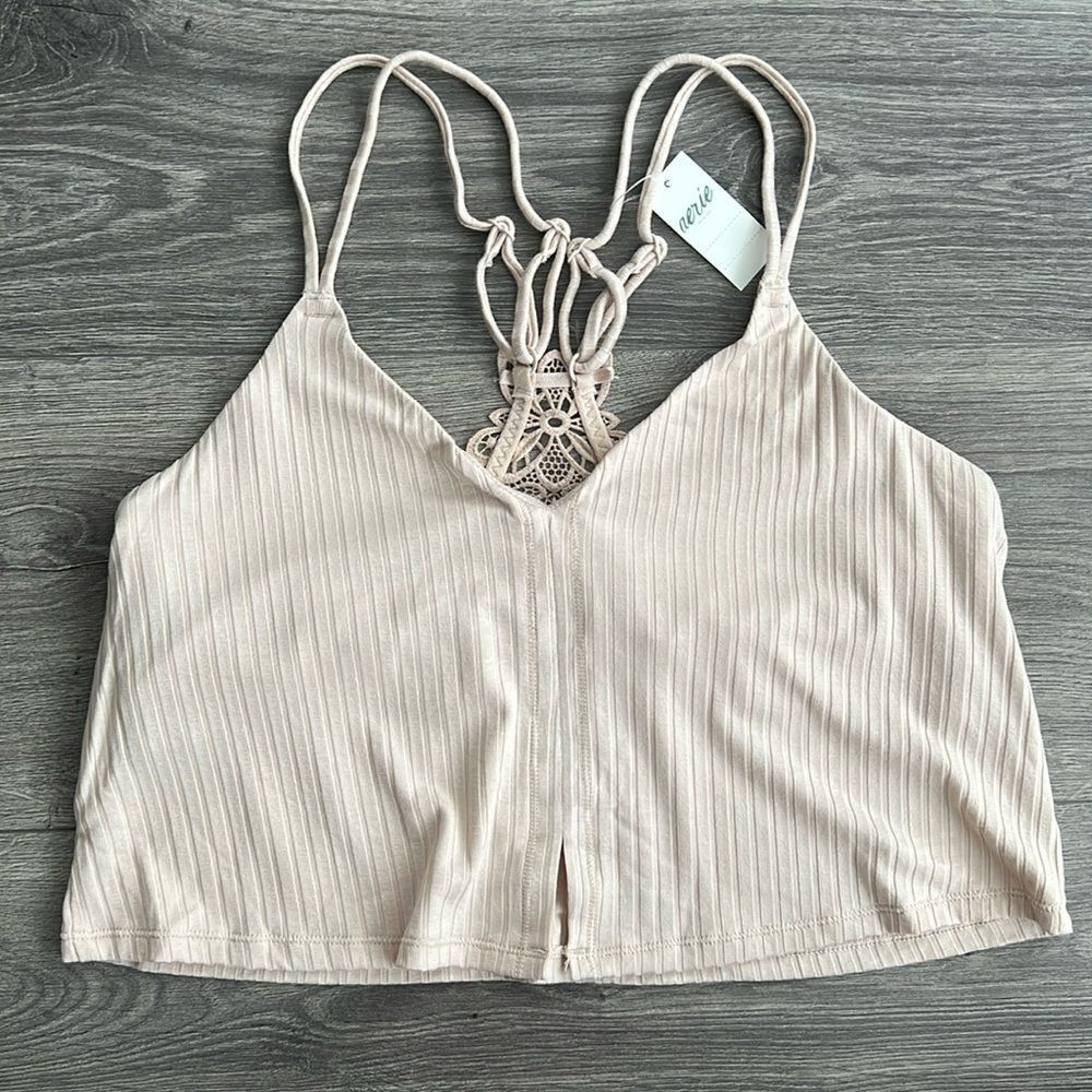 AERIE Ribbed Bralette Medium Cream Crochet Lace Longline Neutral Loungewear Boho